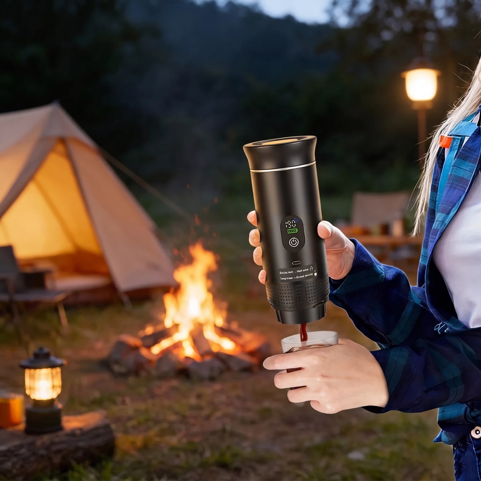 Woman holding a portable espresso maker pouring a shot at a campsite beside a tent and campfire